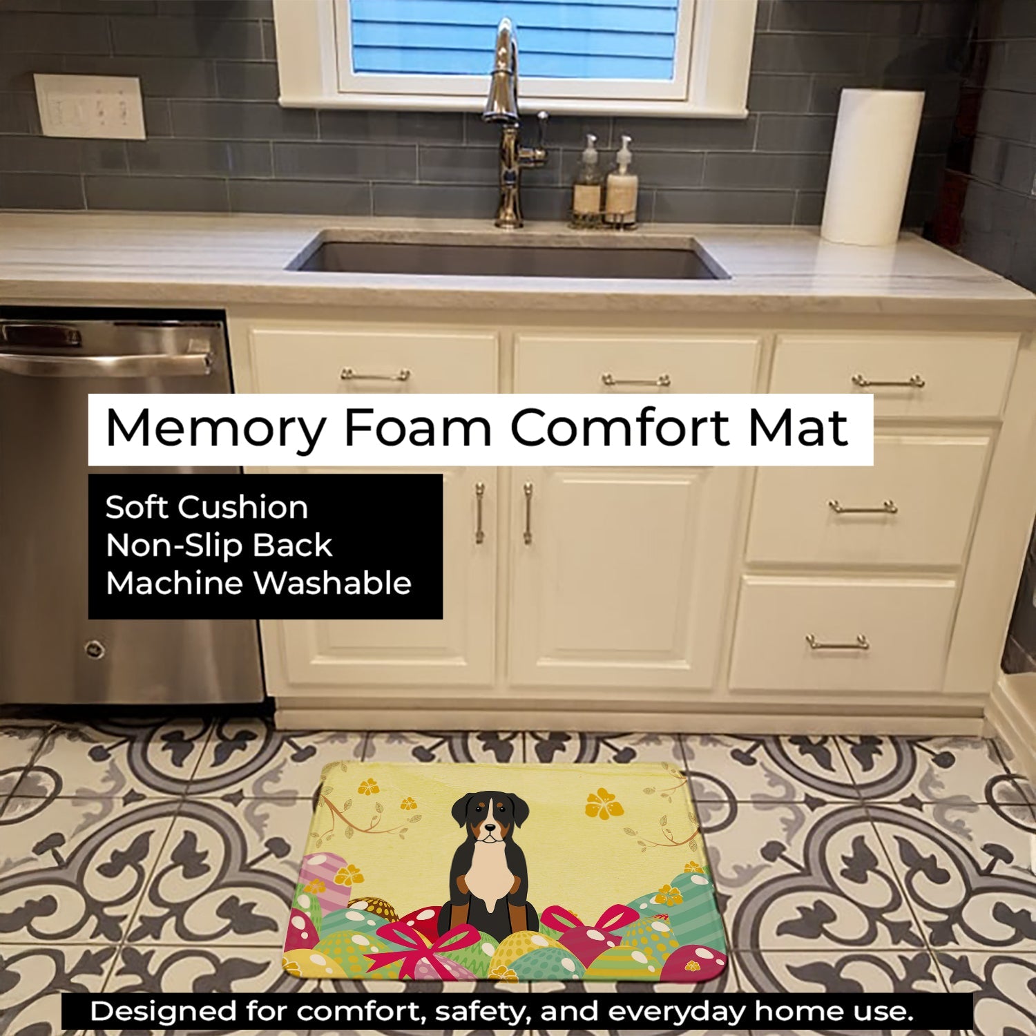 Easter Eggs Greater Swiss Mountain Dog Memory Foam Kitchen Mat Machine Washable Anti-Fatigue Cushion Comfort Bath or Kitchen Rug