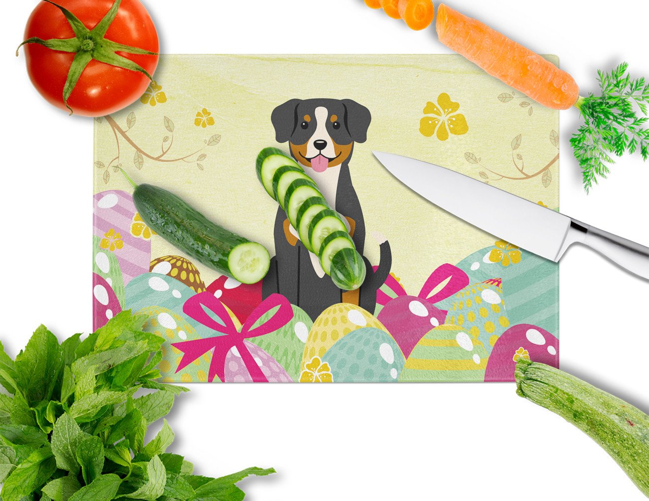 Easter Eggs Entlebucher Cutting Board Tempered Glass Kitchen Cutting Surface, Heat Resistant Chopping, Non-Slip Feet, Food Prep & Serving