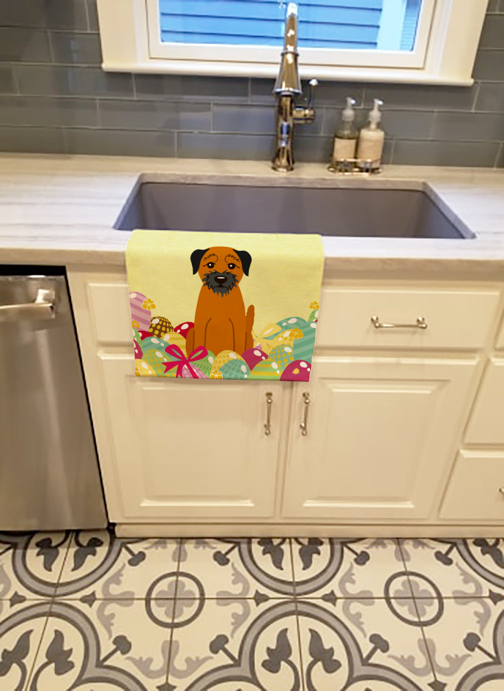 Easter Eggs Border Terrier Kitchen Towel Velour Plush Front and Cotton Loop Back Machine Washable