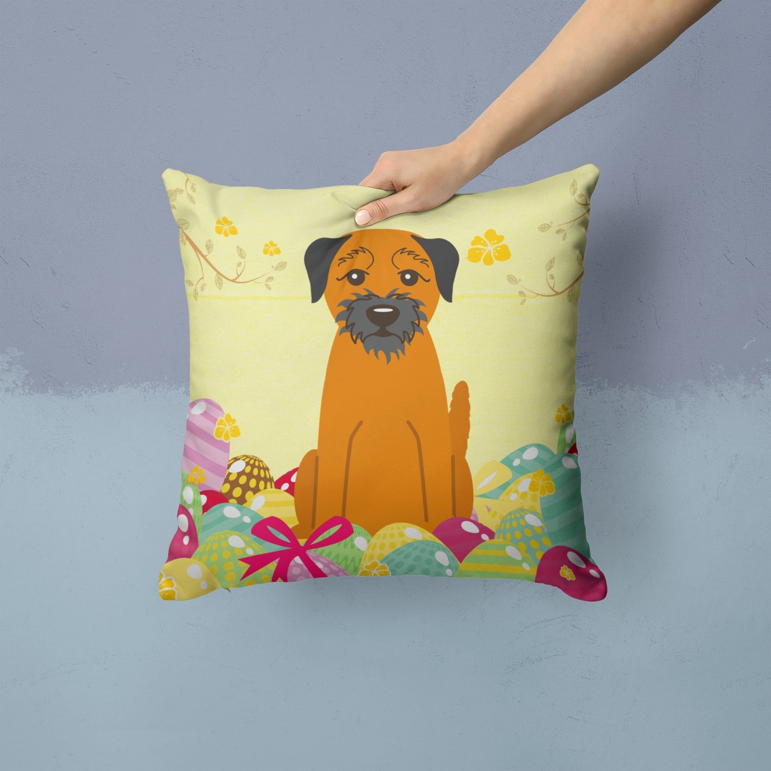 Easter Eggs Border Terrier Decorative Throw Pillow 14x14 Indoor Outdoor Accent Cushion, Fabric Cover with Insert for Sofa, Bed, Porch & Living Room