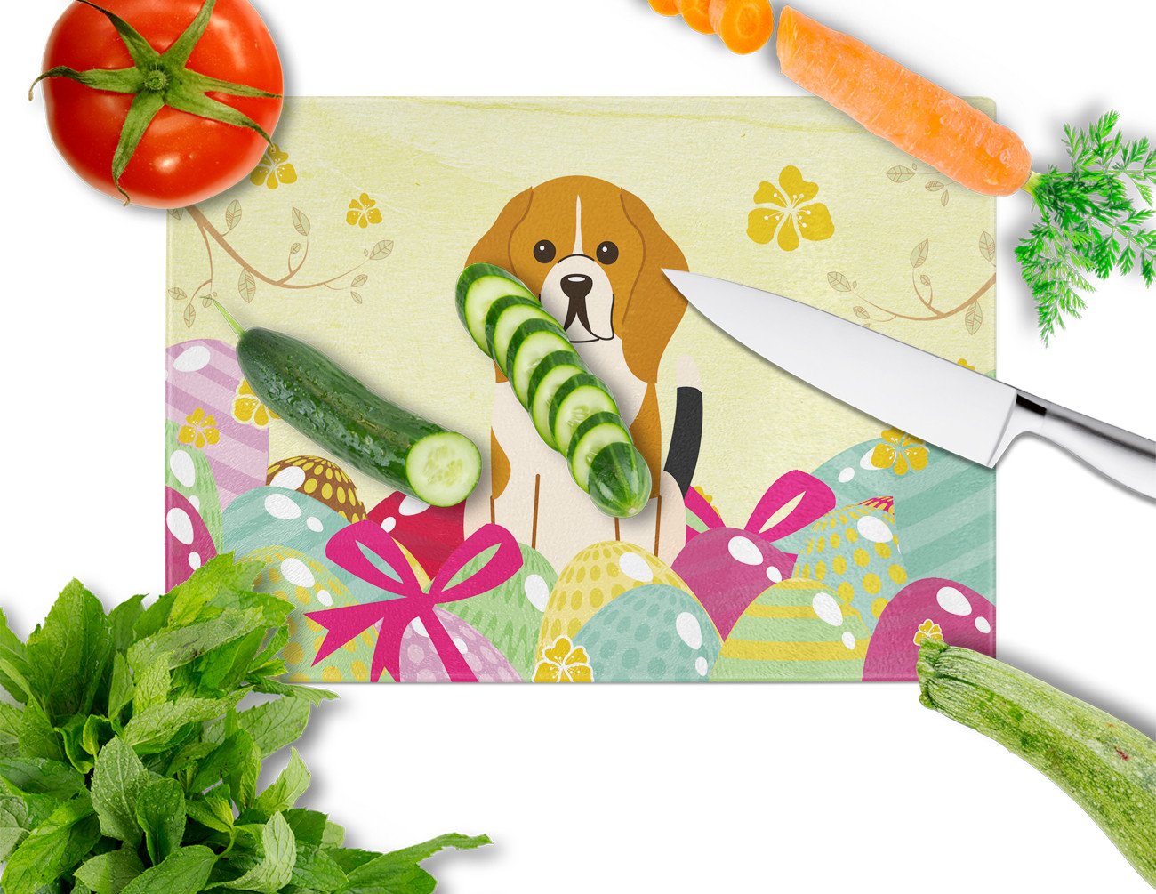 Easter Eggs Beagle Tricolor Cutting Board Tempered Glass Kitchen Cutting Surface, Heat Resistant Chopping, Non-Slip Feet, Food Prep & Serving