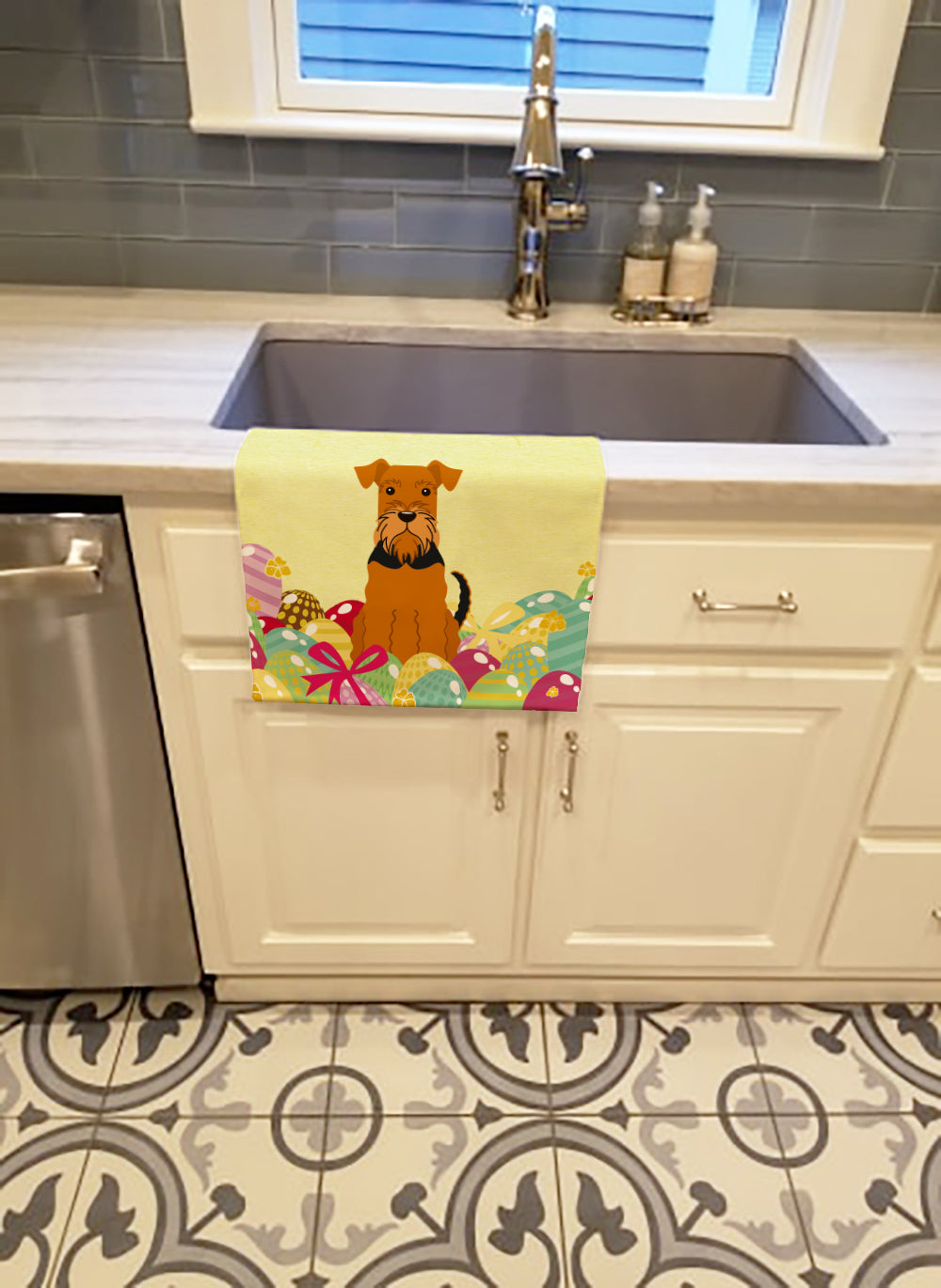 Easter Eggs Airedale Kitchen Towel Velour Plush Front and Cotton Loop Back Machine Washable