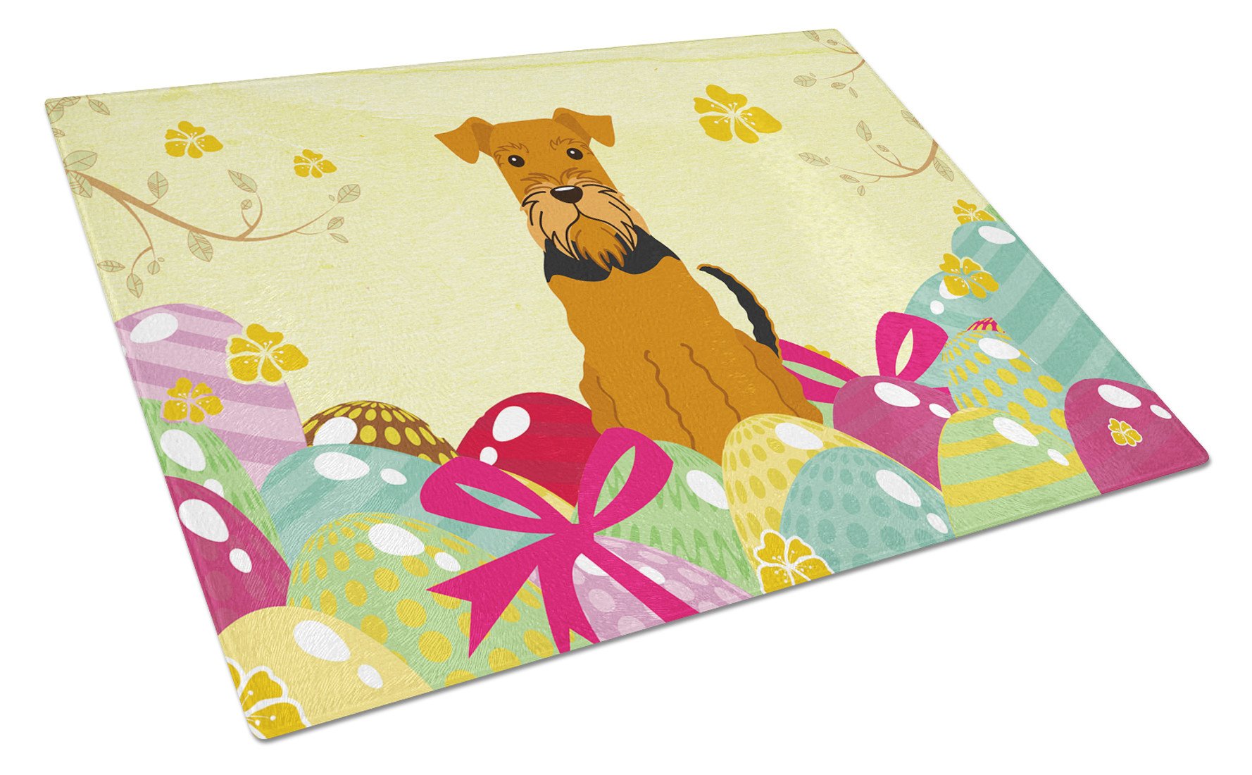 Easter Eggs Airedale Cutting Board Tempered Glass Kitchen Cutting Surface, Heat Resistant Chopping, Non-Slip Feet, Food Prep & Serving