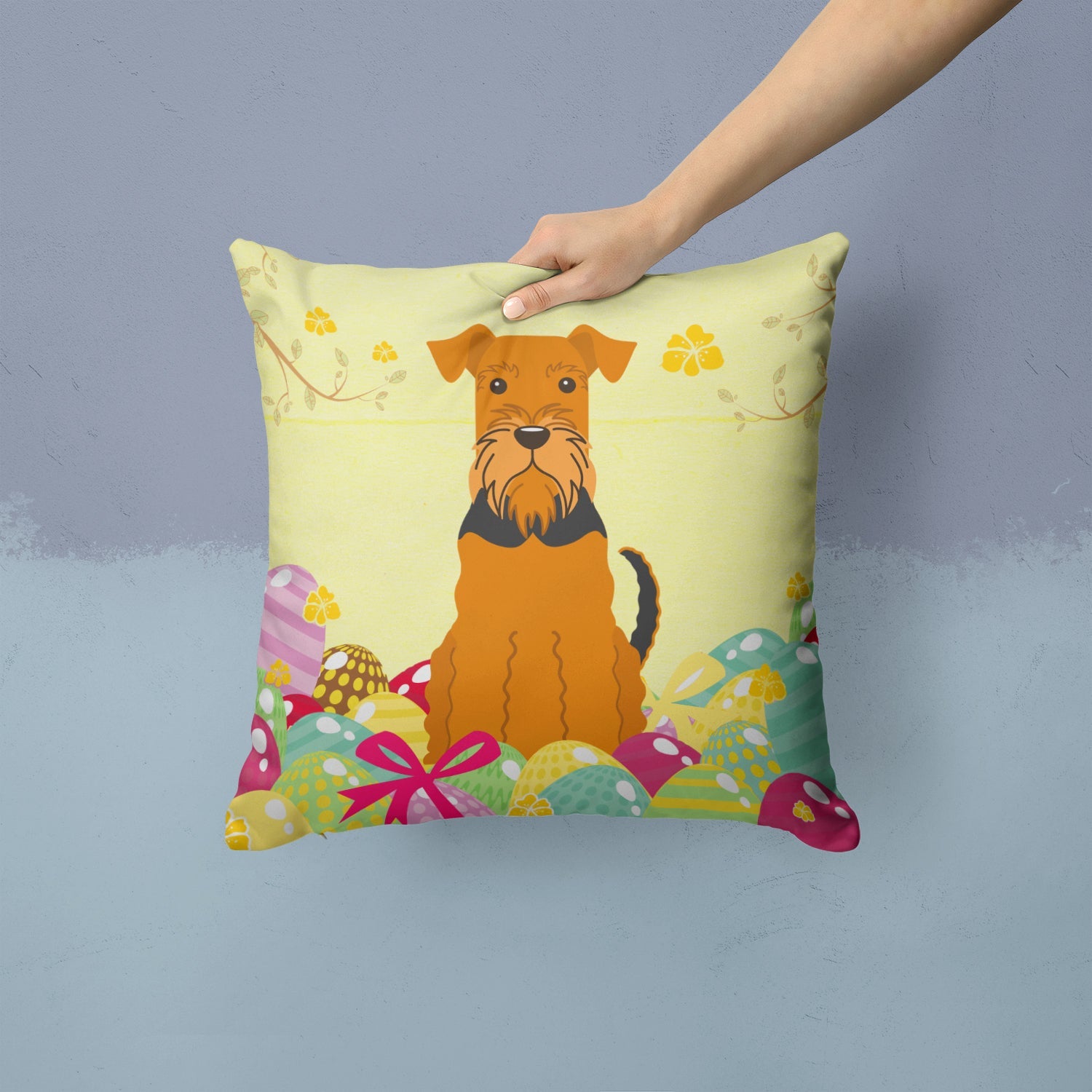 Easter Eggs Airedale Decorative Throw Pillow 14x14 Indoor Outdoor Accent Cushion, Fabric Cover with Insert for Sofa, Bed, Porch & Living Room
