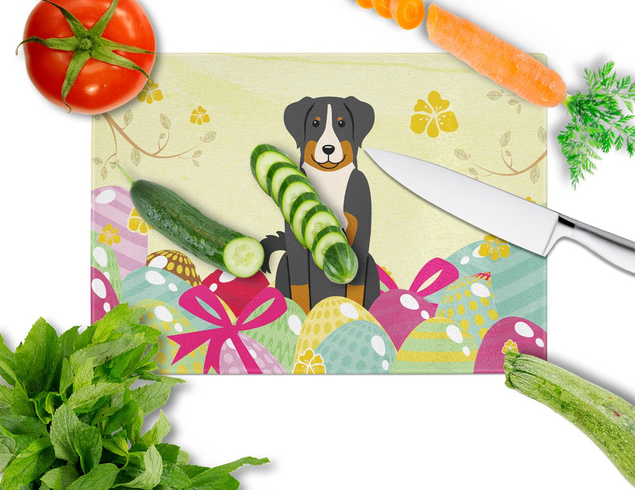 Easter Eggs Appenzeller Sennenhund Cutting Board Tempered Glass Kitchen Cutting Surface, Heat Resistant Chopping, Non-Slip Feet, Food Prep & Serving