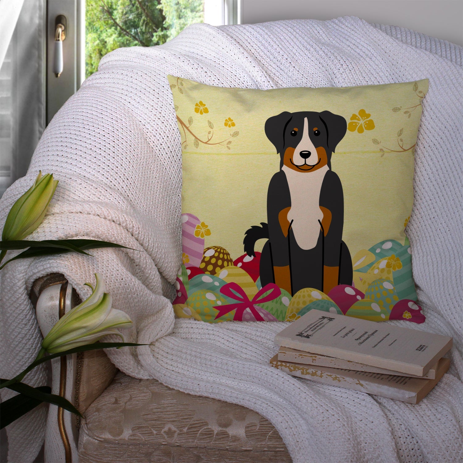 Easter Eggs Appenzeller Sennenhund Decorative Throw Pillow 14x14 Indoor Outdoor Accent Cushion, Fabric Cover with Insert for Sofa, Bed, Porch & Living Room