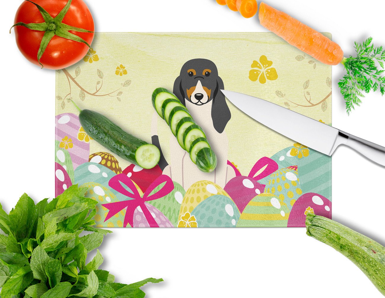 Easter Eggs Swiss Hound Cutting Board Tempered Glass Kitchen Cutting Surface, Heat Resistant Chopping, Non-Slip Feet, Food Prep & Serving