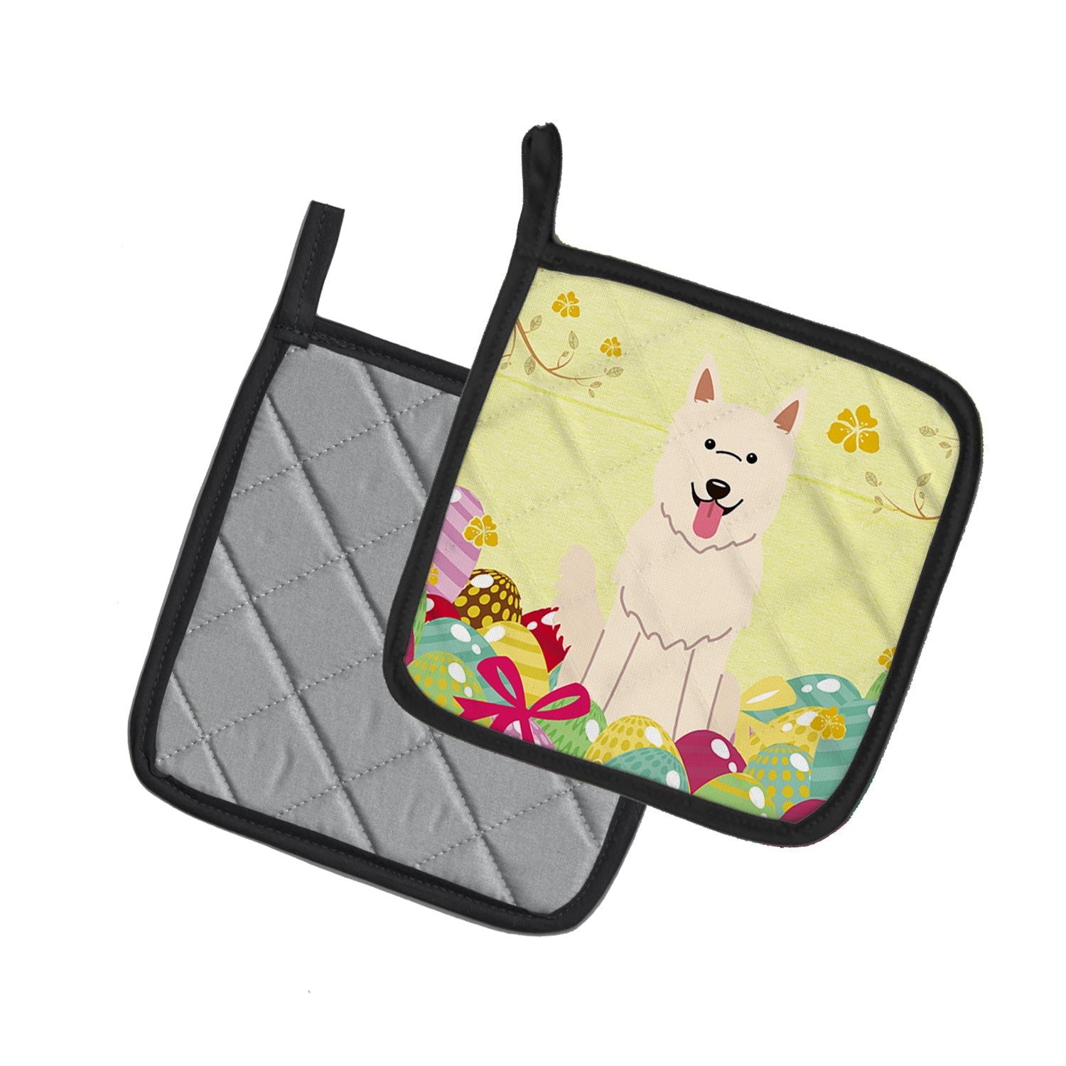 Easter Eggs White German Shepherd Pot Holder Set of 2 Heat Resistant Quilted Hot Pads 7.5 x 7.5 Inch, Insulated Kitchen Trivets for Cooking & Baking