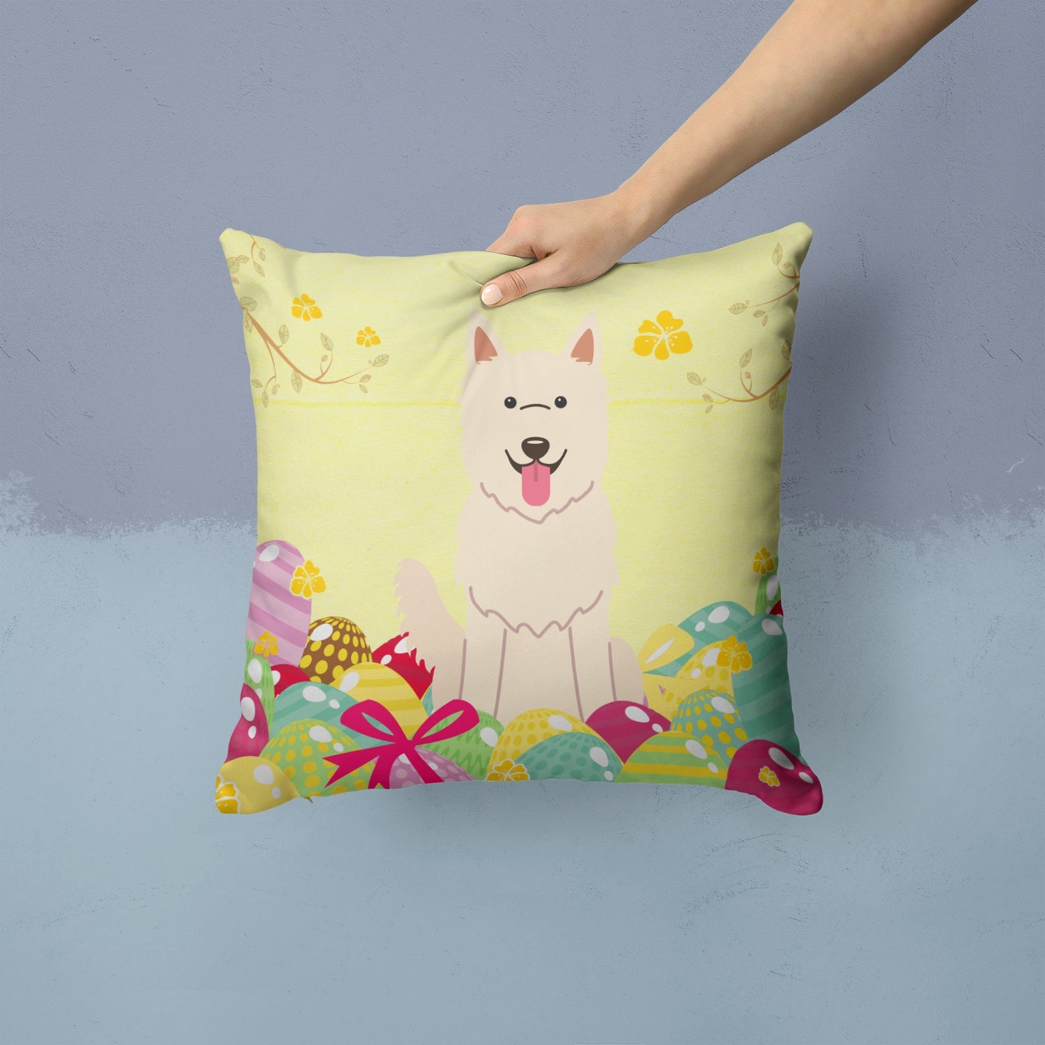 Easter Eggs White German Shepherd Decorative Throw Pillow 14x14 Indoor Outdoor Accent Cushion, Fabric Cover with Insert for Sofa, Bed, Porch & Living Room