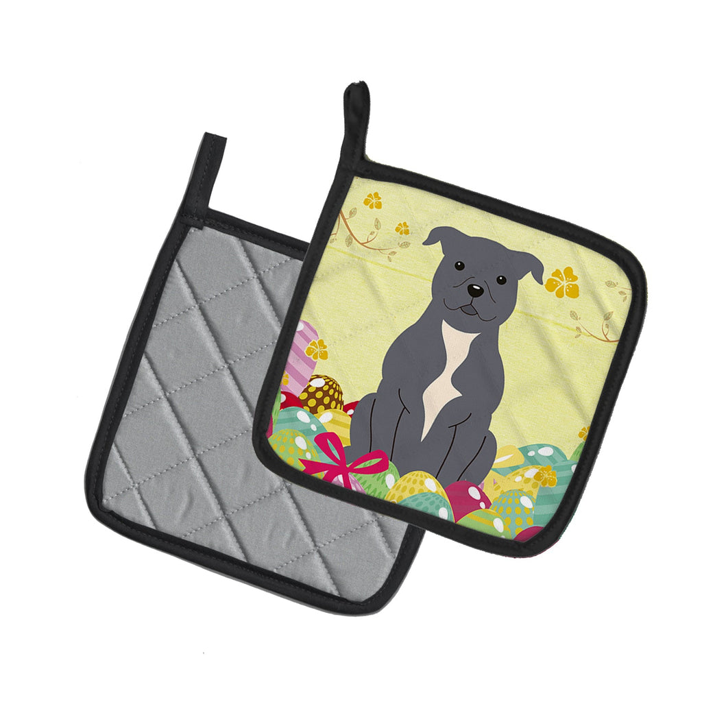 Easter Eggs Staffordshire Bull Terrier Blue Pot Holder Set of 2 Heat Resistant Quilted Hot Pads 7.5 x 7.5 Inch, Insulated Kitchen Trivets for Cooking & Baking