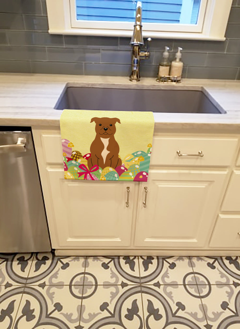 Easter Eggs Staffordshire Bull Terrier Brown Kitchen Towel Velour Plush Front and Cotton Loop Back Machine Washable