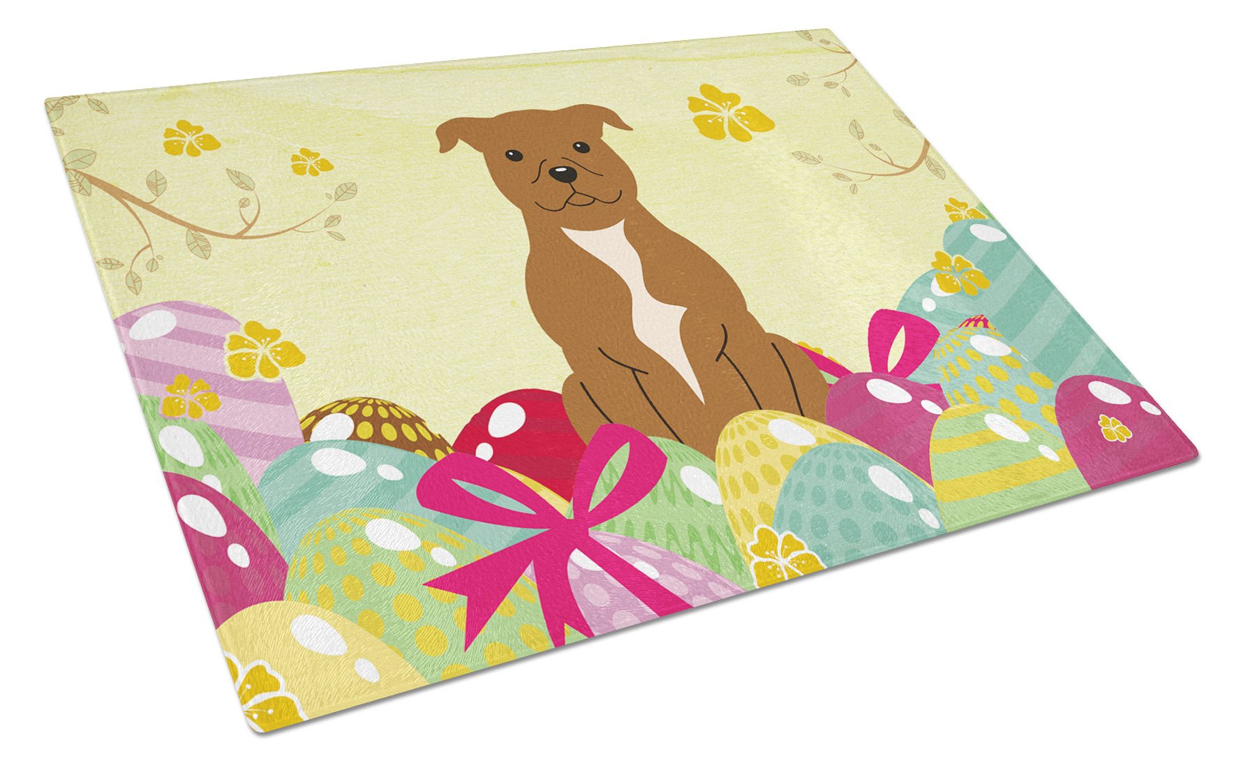 Easter Eggs Staffordshire Bull Terrier Brown Cutting Board Tempered Glass Kitchen Cutting Surface, Heat Resistant Chopping, Non-Slip Feet, Food Prep & Serving
