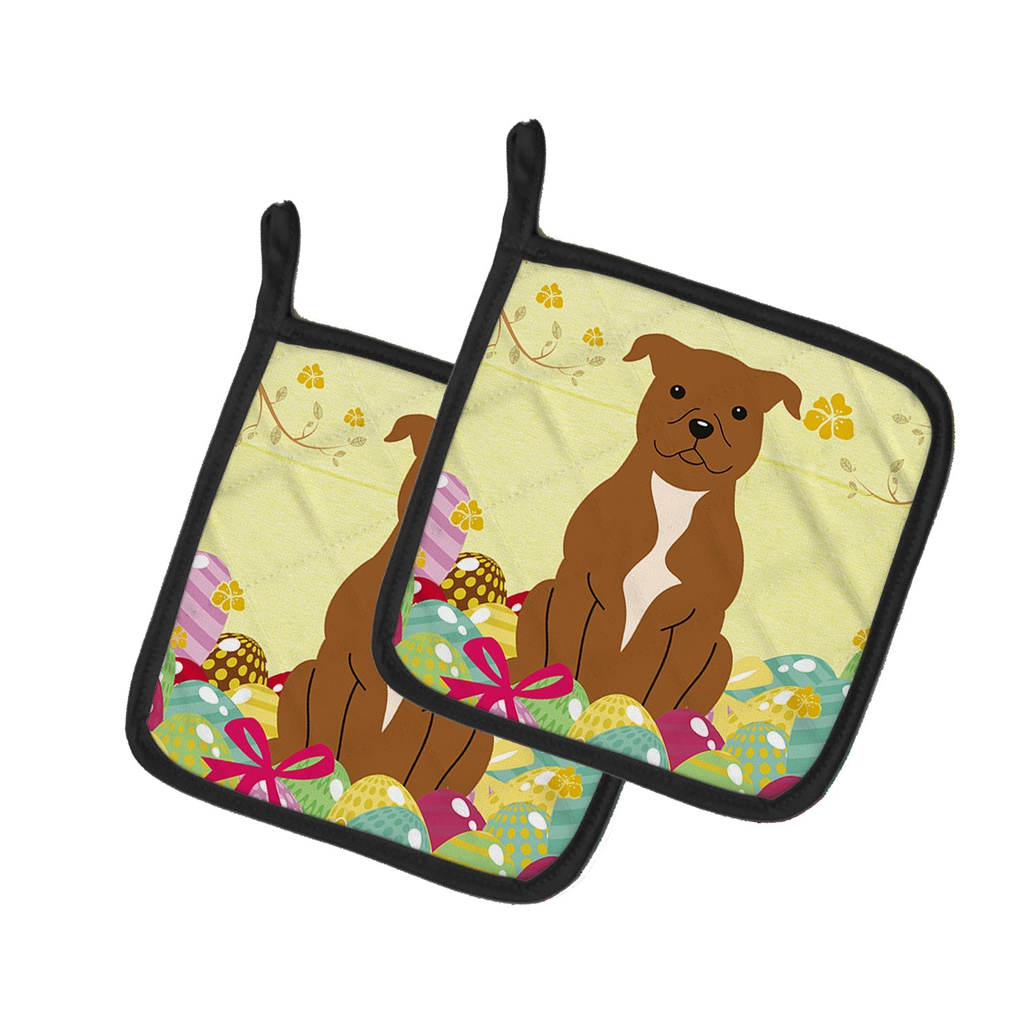 Easter Eggs Staffordshire Bull Terrier Brown Pot Holder Set of 2 Heat Resistant Quilted Hot Pads 7.5 x 7.5 Inch, Insulated Kitchen Trivets for Cooking & Baking
