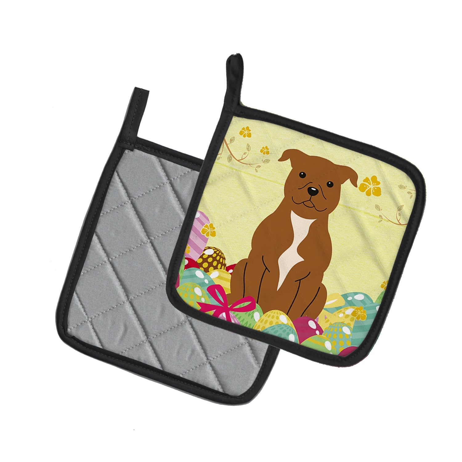 Easter Eggs Staffordshire Bull Terrier Brown Pot Holder Set of 2 Heat Resistant Quilted Hot Pads 7.5 x 7.5 Inch, Insulated Kitchen Trivets for Cooking & Baking