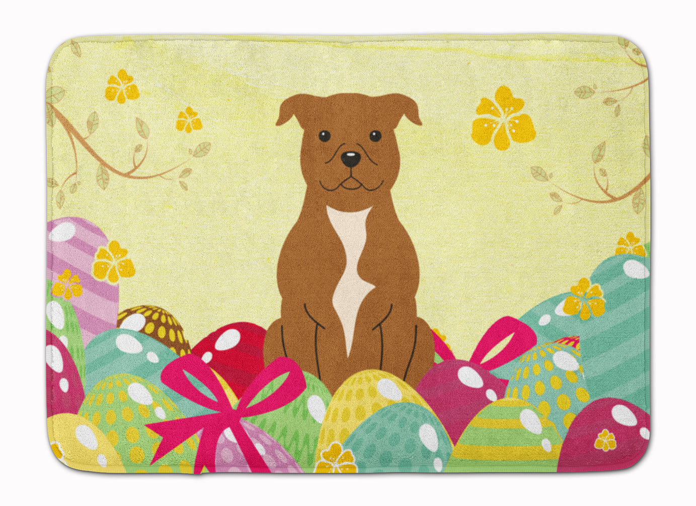 Easter Eggs Staffordshire Bull Terrier Brown Memory Foam Kitchen Mat Machine Washable Anti-Fatigue Cushion Comfort Bath or Kitchen Rug