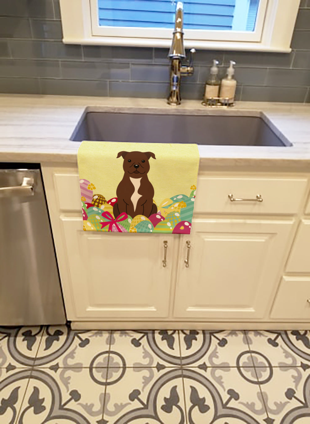 Easter Eggs Staffordshire Bull Terrier Chocolate Kitchen Towel Velour Plush Front and Cotton Loop Back Machine Washable