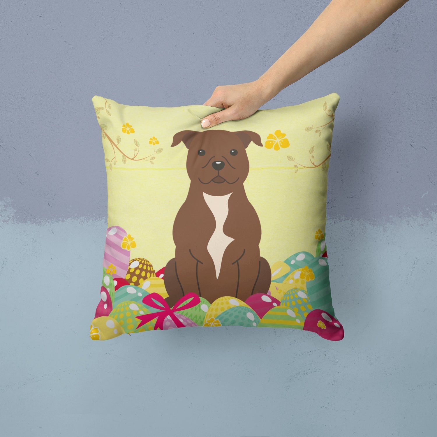 Easter Eggs Staffordshire Bull Terrier Chocolate Decorative Throw Pillow 14x14 Indoor Outdoor Accent Cushion, Fabric Cover with Insert for Sofa, Bed, Porch & Living Room