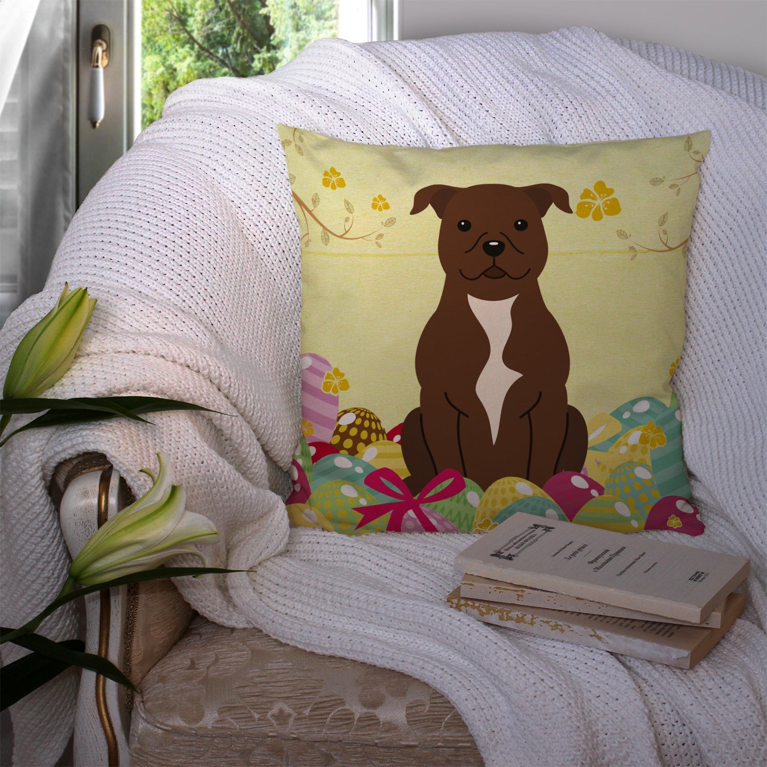 Easter Eggs Staffordshire Bull Terrier Chocolate Decorative Throw Pillow 14x14 Indoor Outdoor Accent Cushion, Fabric Cover with Insert for Sofa, Bed, Porch & Living Room