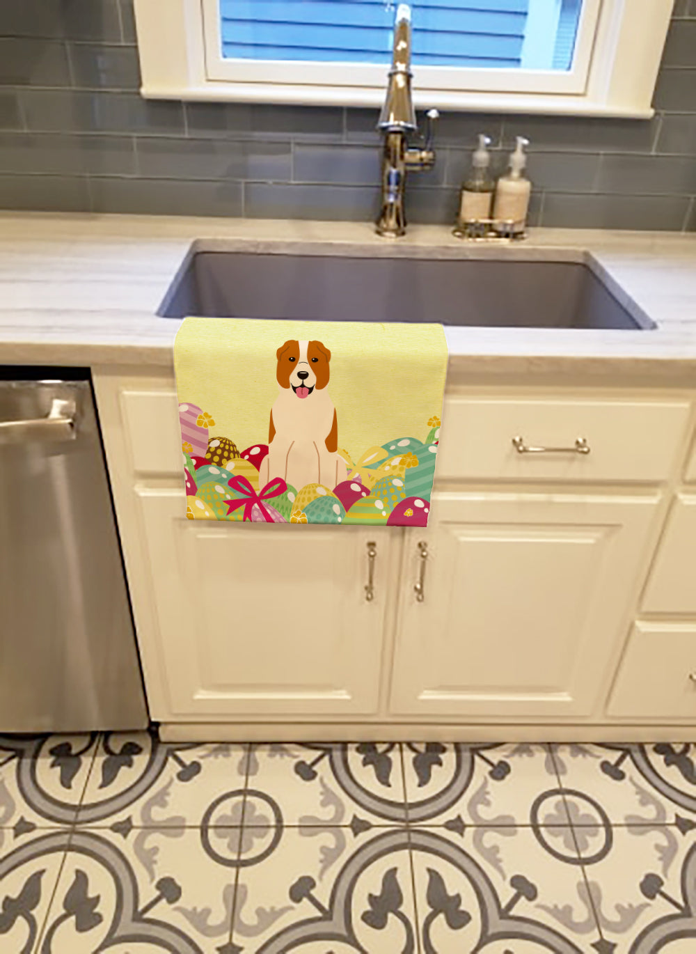 Easter Eggs Central Asian Shepherd Dog Kitchen Towel Velour Plush Front and Cotton Loop Back Machine Washable