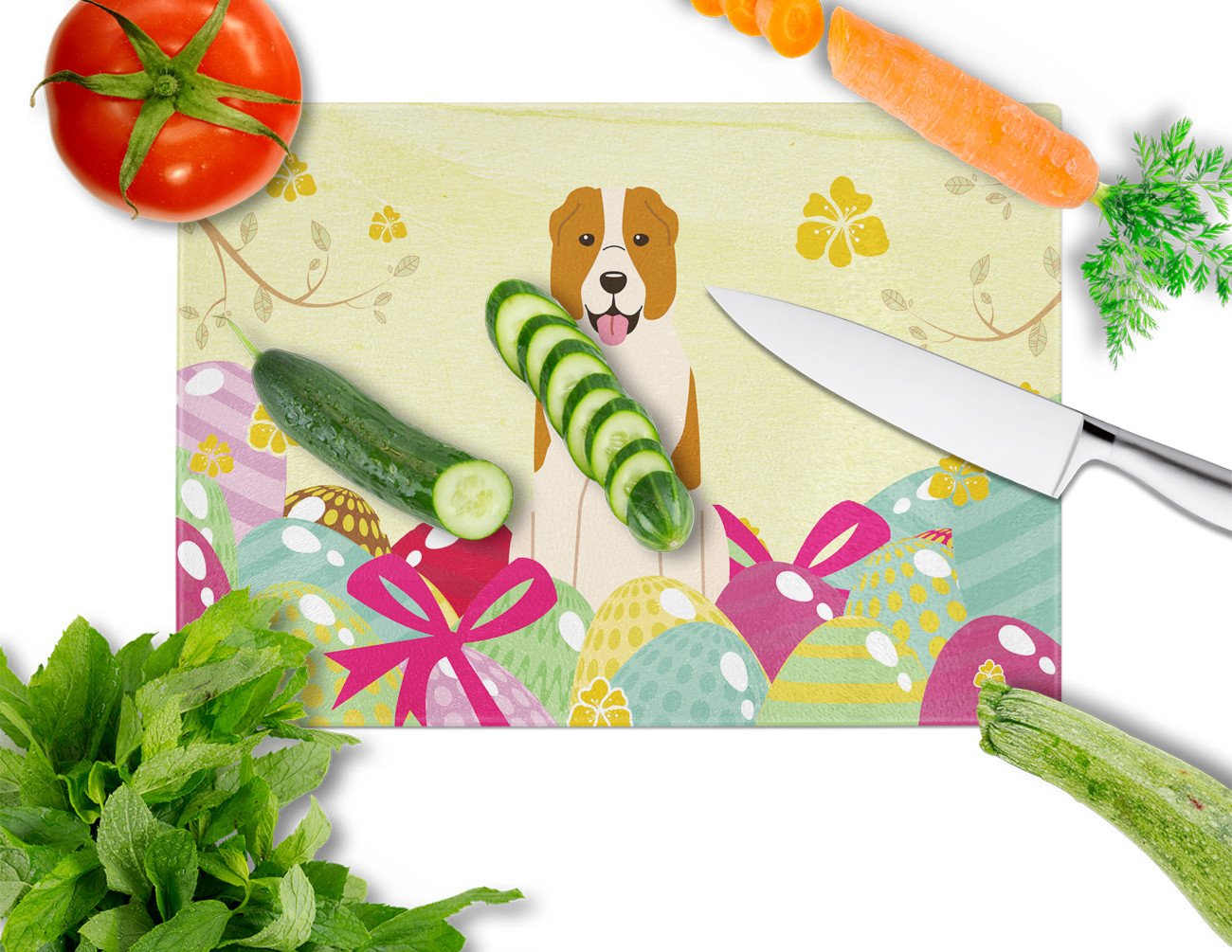Easter Eggs Central Asian Shepherd Dog Cutting Board Tempered Glass Kitchen Cutting Surface, Heat Resistant Chopping, Non-Slip Feet, Food Prep & Serving