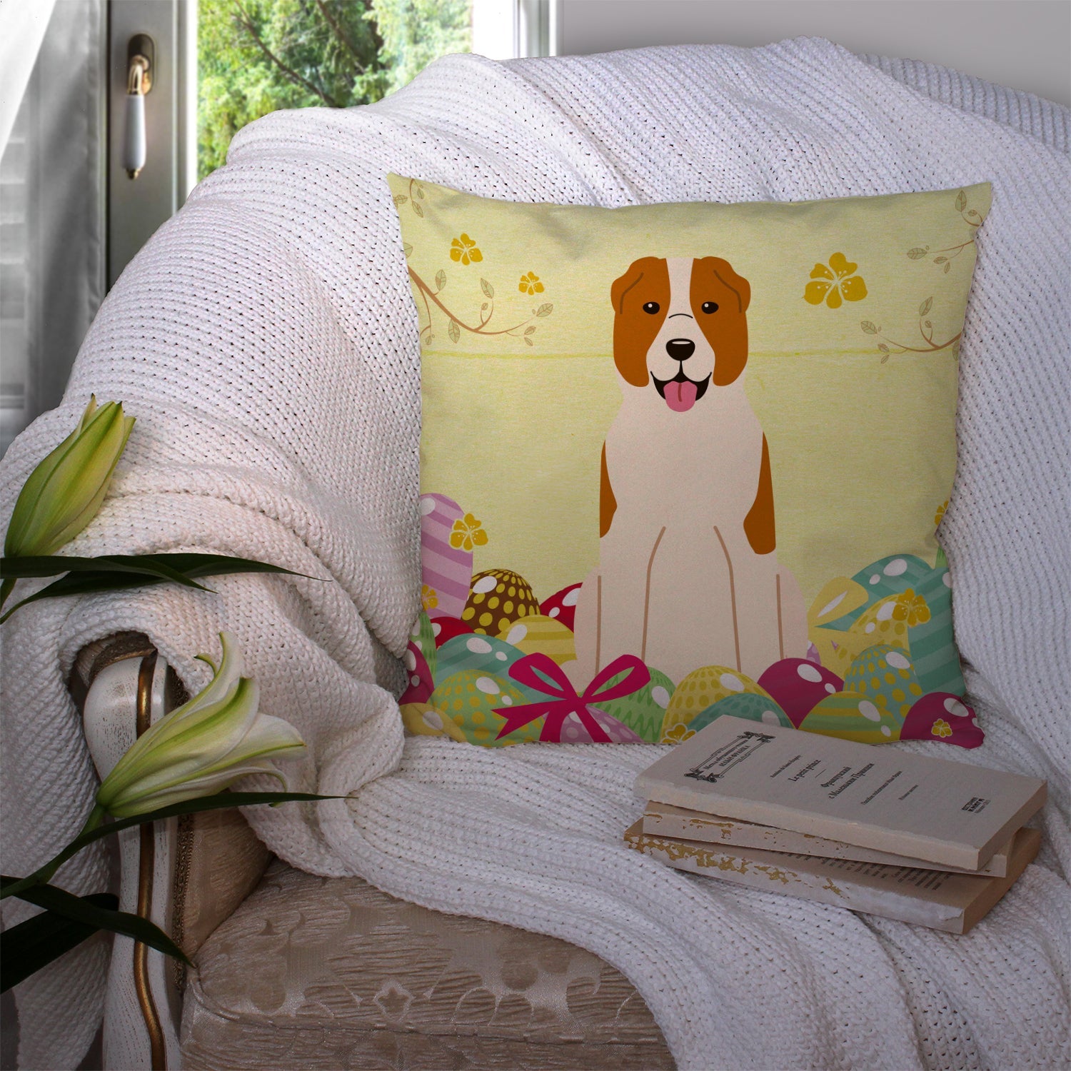 Easter Eggs Central Asian Shepherd Dog Decorative Throw Pillow 14x14 Indoor Outdoor Accent Cushion, Fabric Cover with Insert for Sofa, Bed, Porch & Living Room