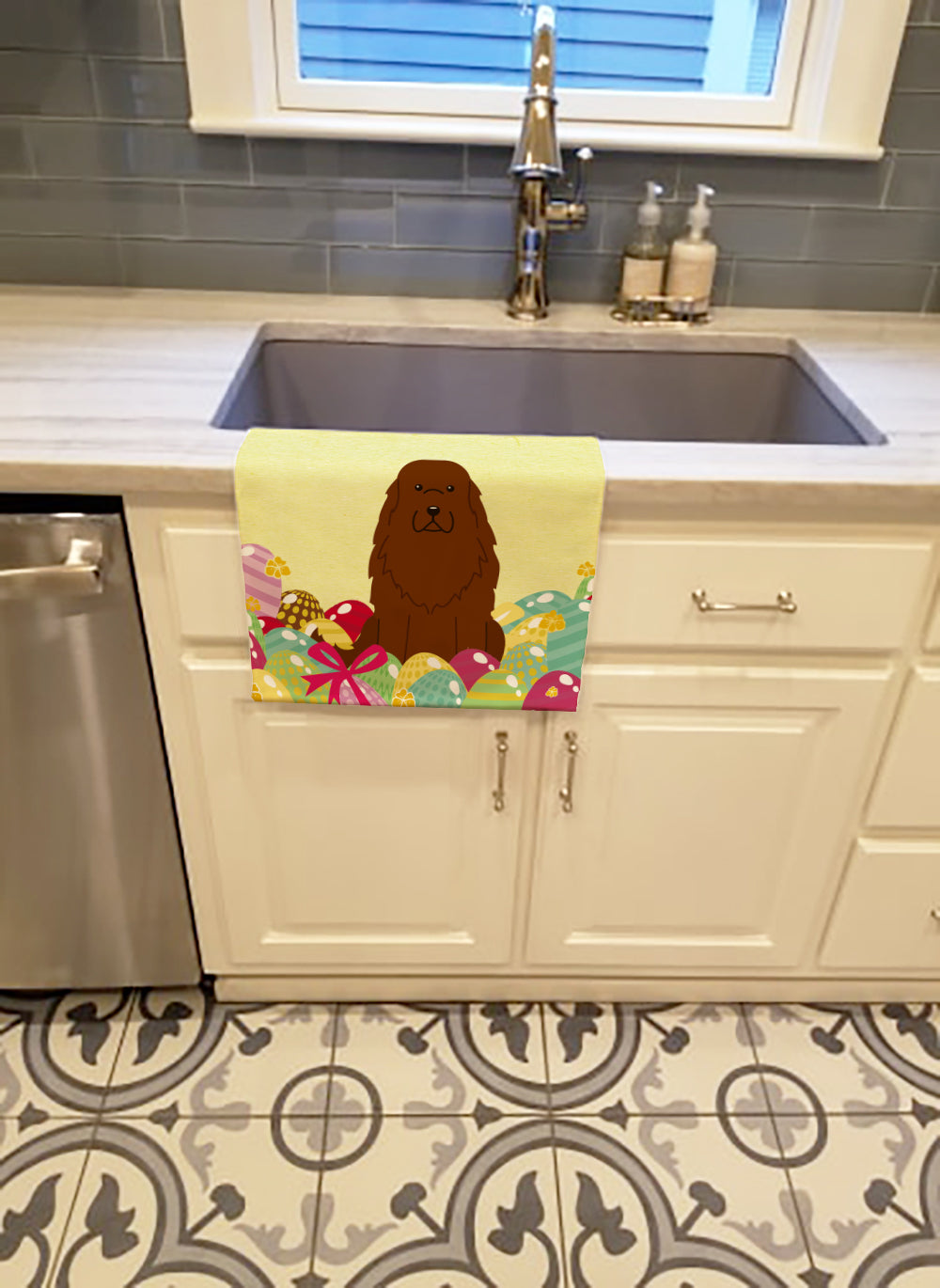 Easter Eggs Caucasian Shepherd Dog Kitchen Towel Velour Plush Front and Cotton Loop Back Machine Washable