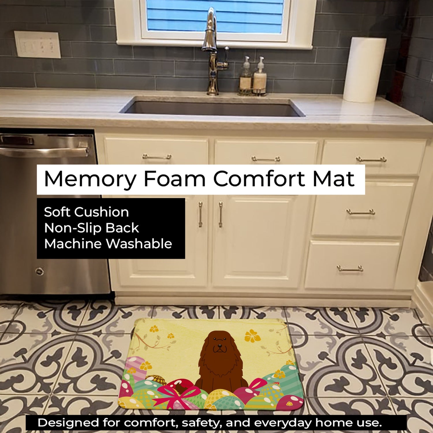 Easter Eggs Caucasian Shepherd Dog Memory Foam Kitchen Mat Machine Washable Anti-Fatigue Cushion Comfort Bath or Kitchen Rug