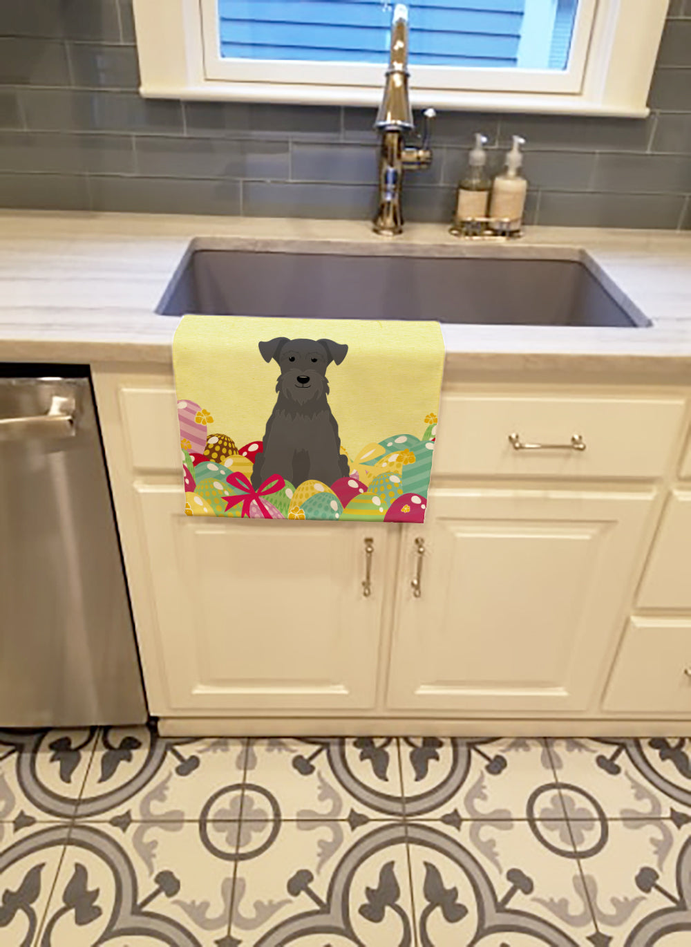 Easter Eggs Miniature Schnauzer Black Kitchen Towel Velour Plush Front and Cotton Loop Back Machine Washable