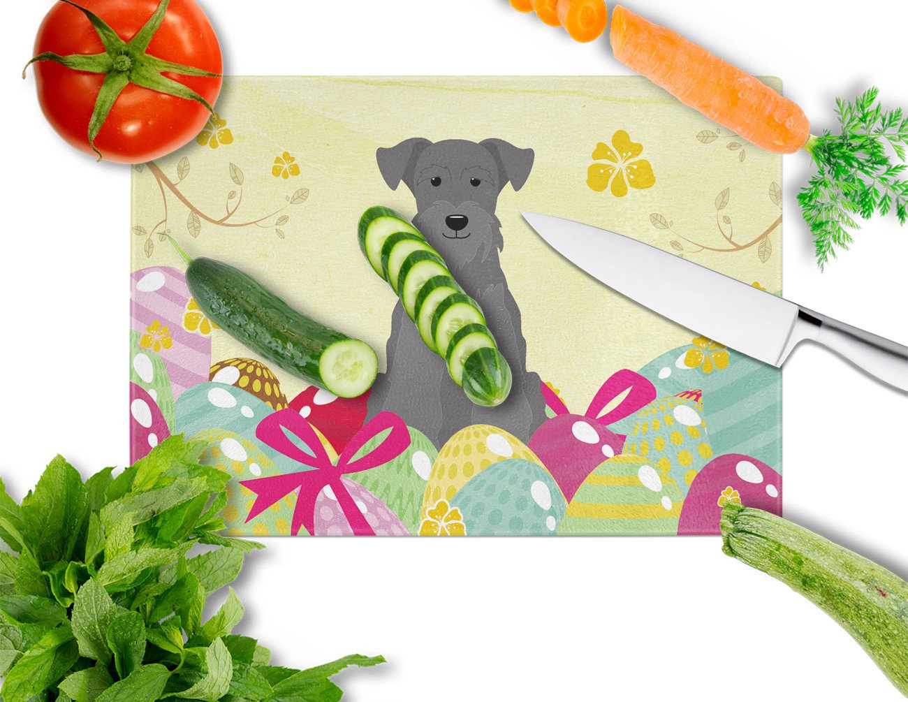 Easter Eggs Miniature Schnauzer Black Cutting Board Tempered Glass Kitchen Cutting Surface, Heat Resistant Chopping, Non-Slip Feet, Food Prep & Serving