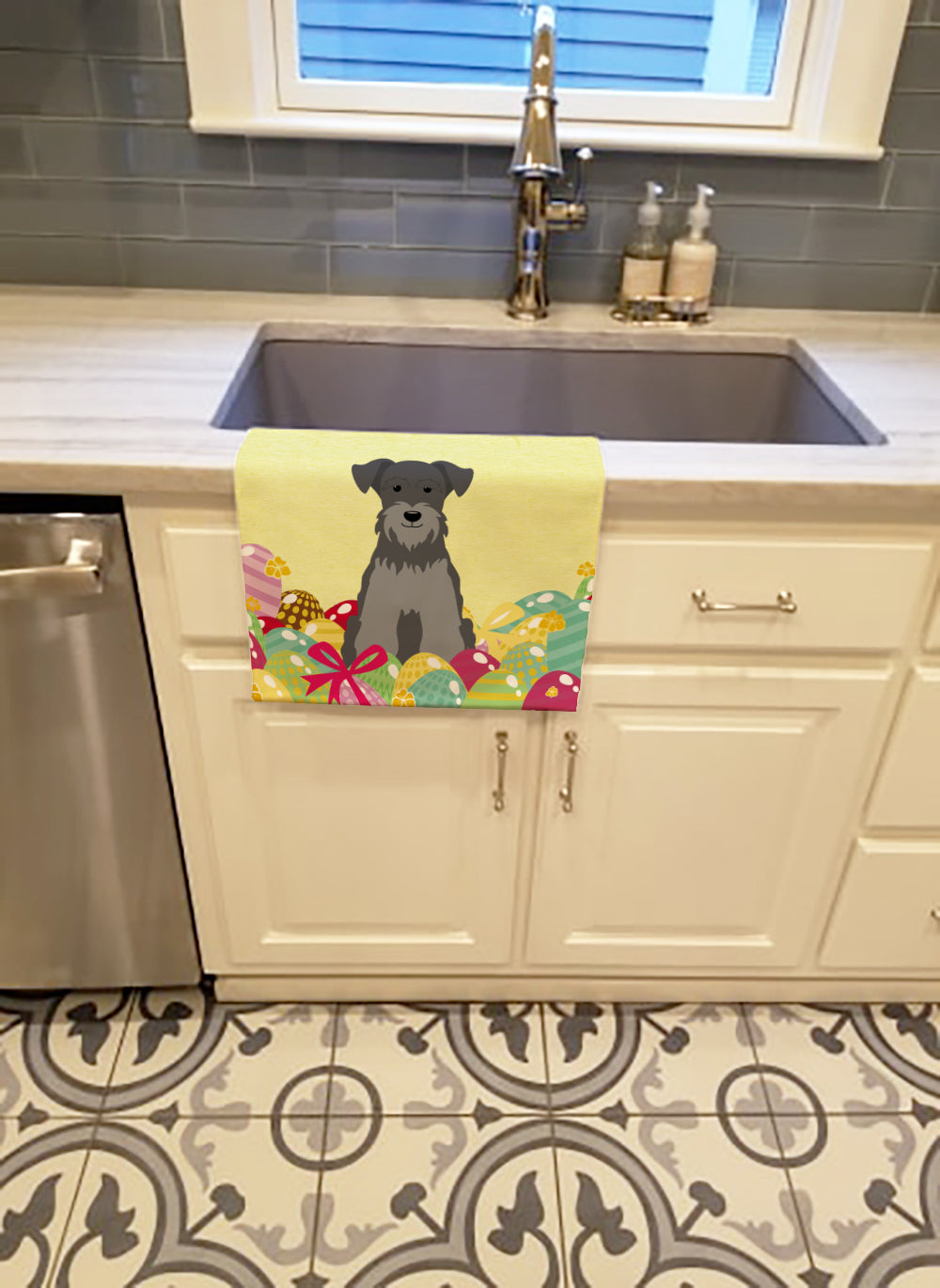 Easter Eggs Miniature Schnauzer Black Silver Kitchen Towel Velour Plush Front and Cotton Loop Back Machine Washable