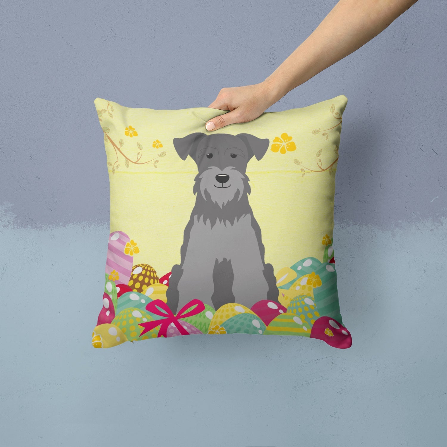Easter Eggs Miniature Schnauzer Black Silver Decorative Throw Pillow 14x14 Indoor Outdoor Accent Cushion, Fabric Cover with Insert for Sofa, Bed, Porch & Living Room