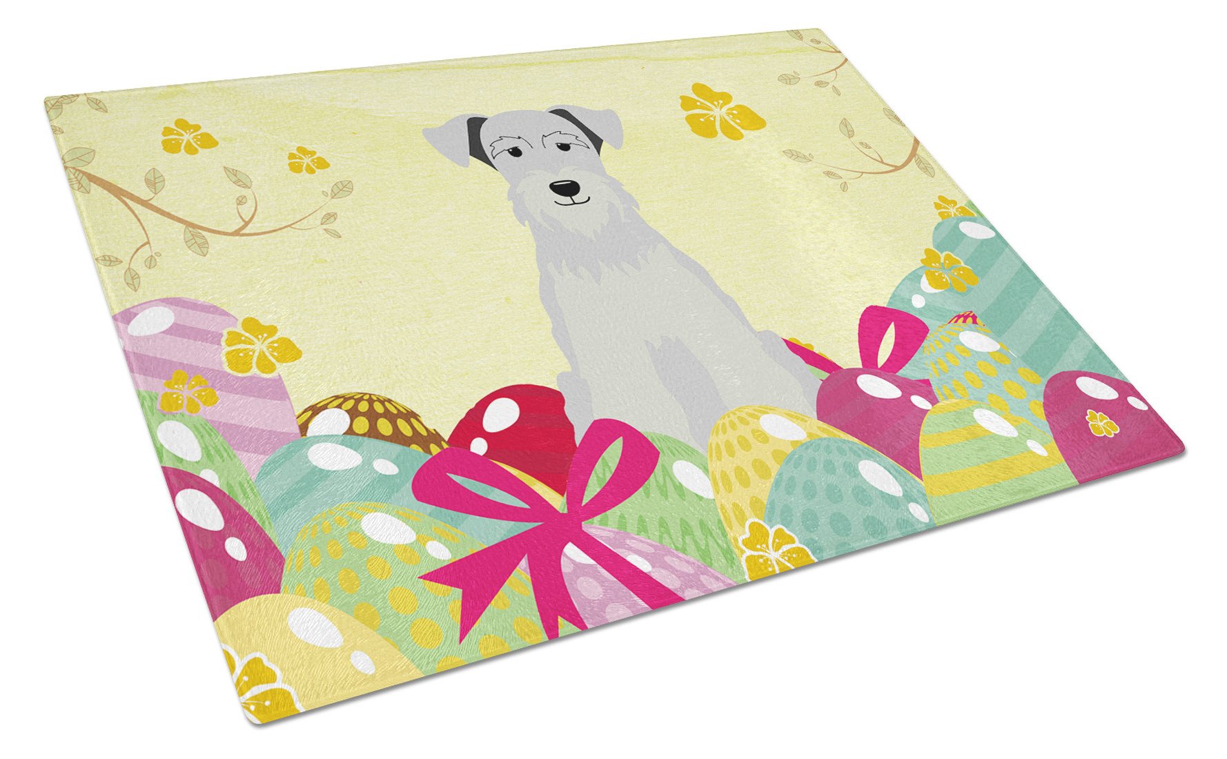 Easter Eggs Miniature Schnauzer White Cutting Board Tempered Glass Kitchen Cutting Surface, Heat Resistant Chopping, Non-Slip Feet, Food Prep & Serving