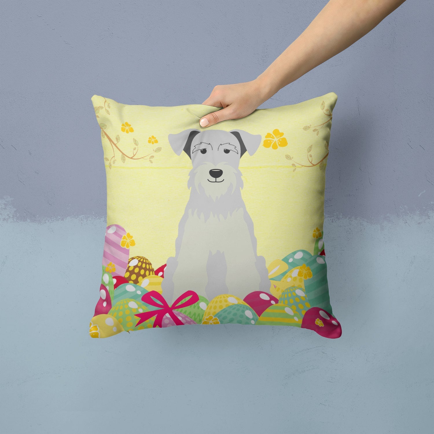 Easter Eggs Miniature Schnauzer White Decorative Throw Pillow 14x14 Indoor Outdoor Accent Cushion, Fabric Cover with Insert for Sofa, Bed, Porch & Living Room