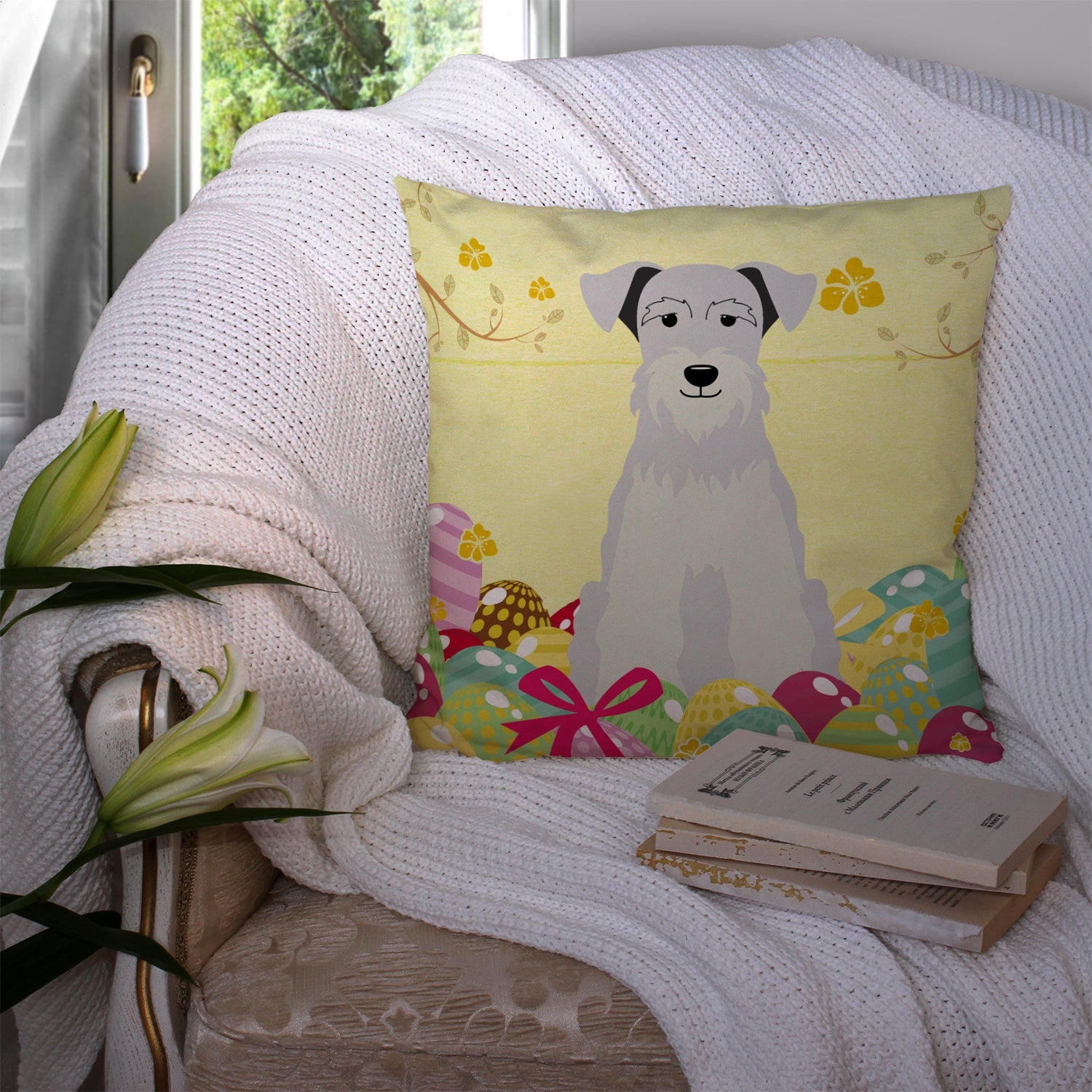 Easter Eggs Miniature Schnauzer White Decorative Throw Pillow 14x14 Indoor Outdoor Accent Cushion, Fabric Cover with Insert for Sofa, Bed, Porch & Living Room