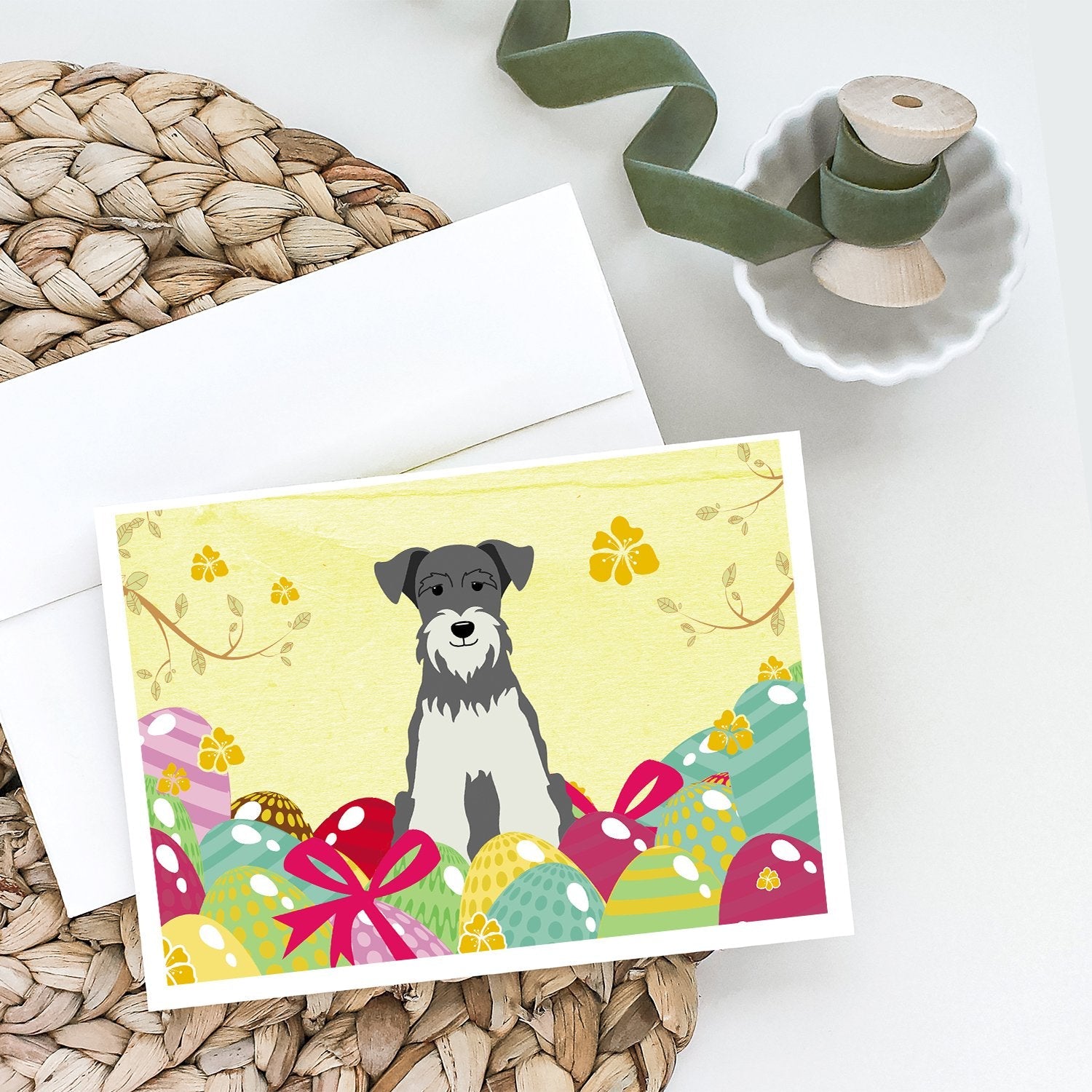 Easter Eggs Miniature Schnauzer Salt and Pepper Greeting Cards Pack of 8 Blank Cards with Envelopes Whimsical A7 Size 5x7