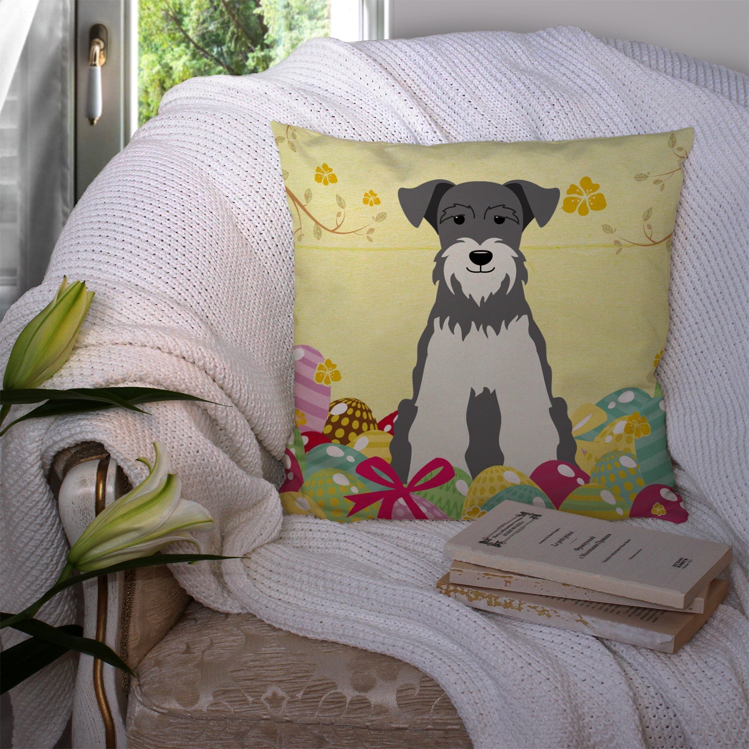 Easter Eggs Miniature Schnauzer Salt and Pepper Decorative Throw Pillow 14x14 Indoor Outdoor Accent Cushion, Fabric Cover with Insert for Sofa, Bed, Porch & Living Room