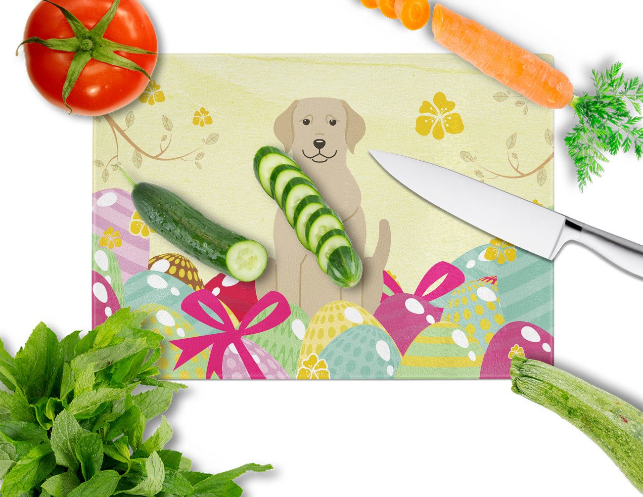 Easter Eggs Yellow Labrador Cutting Board Tempered Glass Kitchen Cutting Surface, Heat Resistant Chopping, Non-Slip Feet, Food Prep & Serving