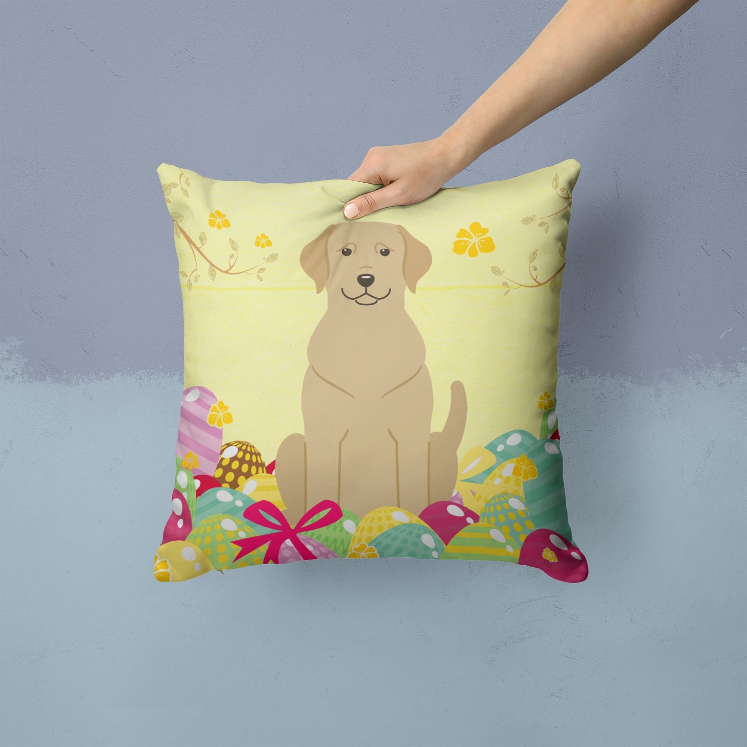 Easter Eggs Yellow Labrador Decorative Throw Pillow 14x14 Indoor Outdoor Accent Cushion, Fabric Cover with Insert for Sofa, Bed, Porch & Living Room