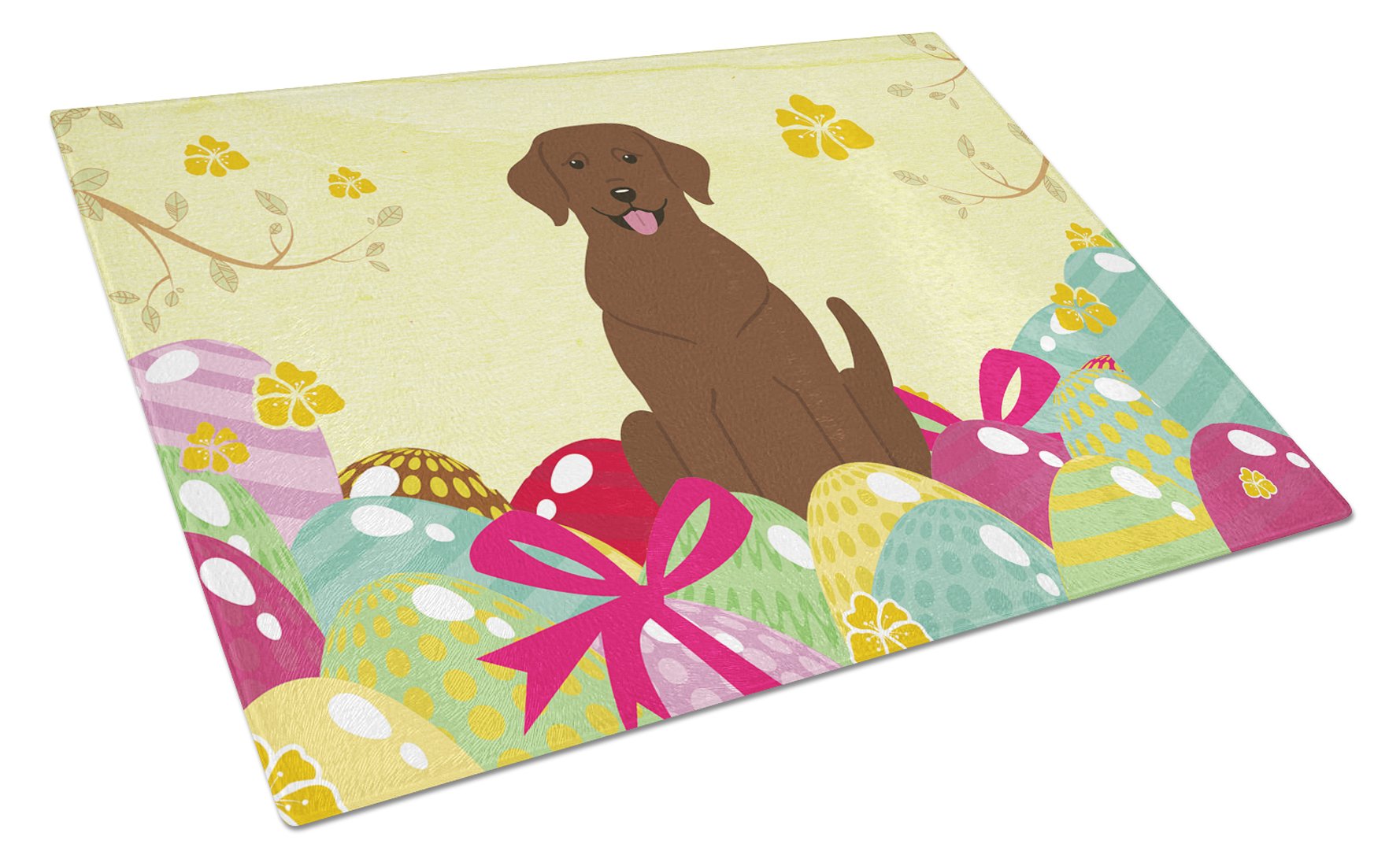 Easter Eggs Chocolate Labrador Cutting Board Tempered Glass Kitchen Cutting Surface, Heat Resistant Chopping, Non-Slip Feet, Food Prep & Serving