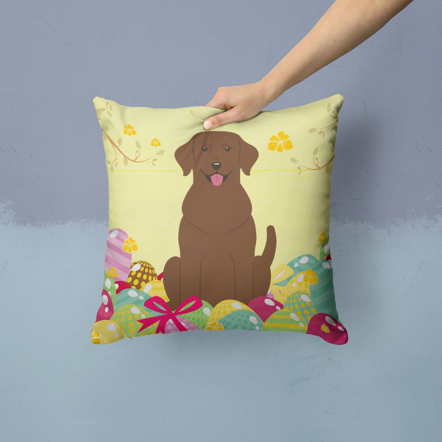 Easter Eggs Chocolate Labrador Decorative Throw Pillow 14x14 Indoor Outdoor Accent Cushion, Fabric Cover with Insert for Sofa, Bed, Porch & Living Room