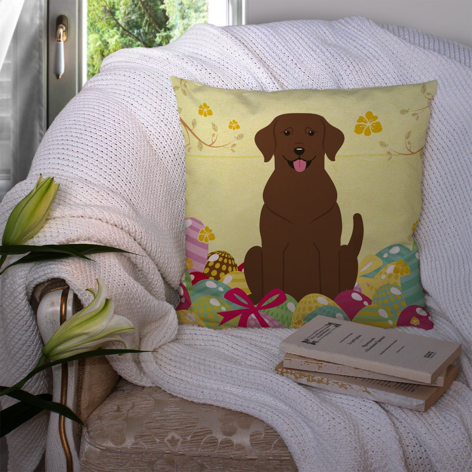 Easter Eggs Chocolate Labrador Decorative Throw Pillow 14x14 Indoor Outdoor Accent Cushion, Fabric Cover with Insert for Sofa, Bed, Porch & Living Room