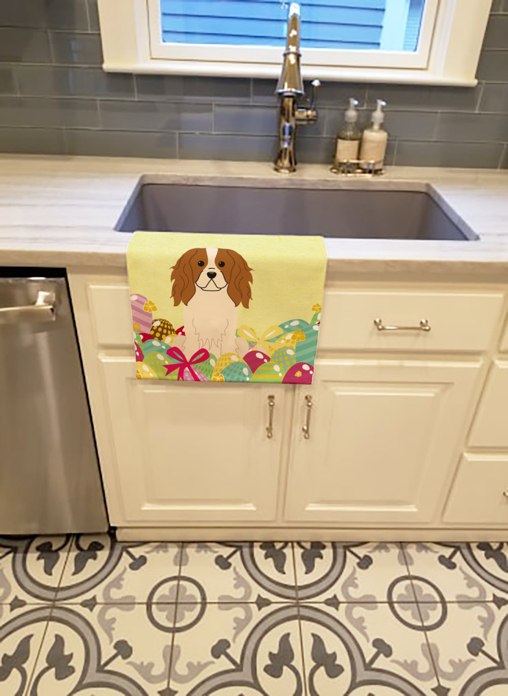 Easter Eggs Cavalier Spaniel Kitchen Towel Velour Plush Front and Cotton Loop Back Machine Washable