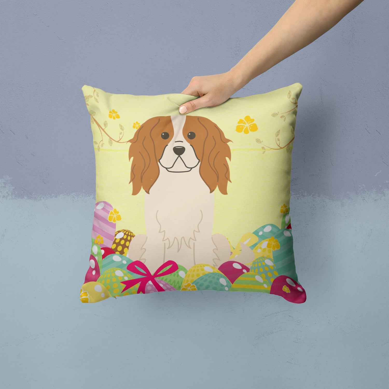 Easter Eggs Cavalier Spaniel Decorative Throw Pillow 14x14 Indoor Outdoor Accent Cushion, Fabric Cover with Insert for Sofa, Bed, Porch & Living Room