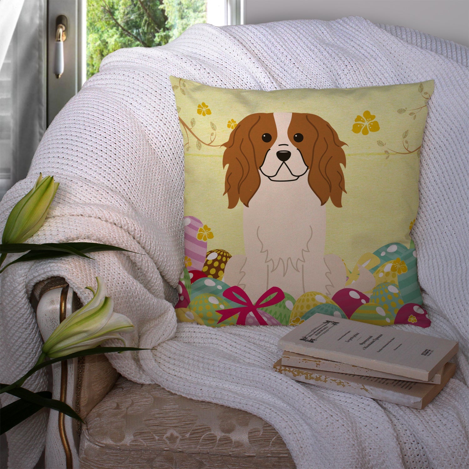 Easter Eggs Cavalier Spaniel Decorative Throw Pillow 14x14 Indoor Outdoor Accent Cushion, Fabric Cover with Insert for Sofa, Bed, Porch & Living Room