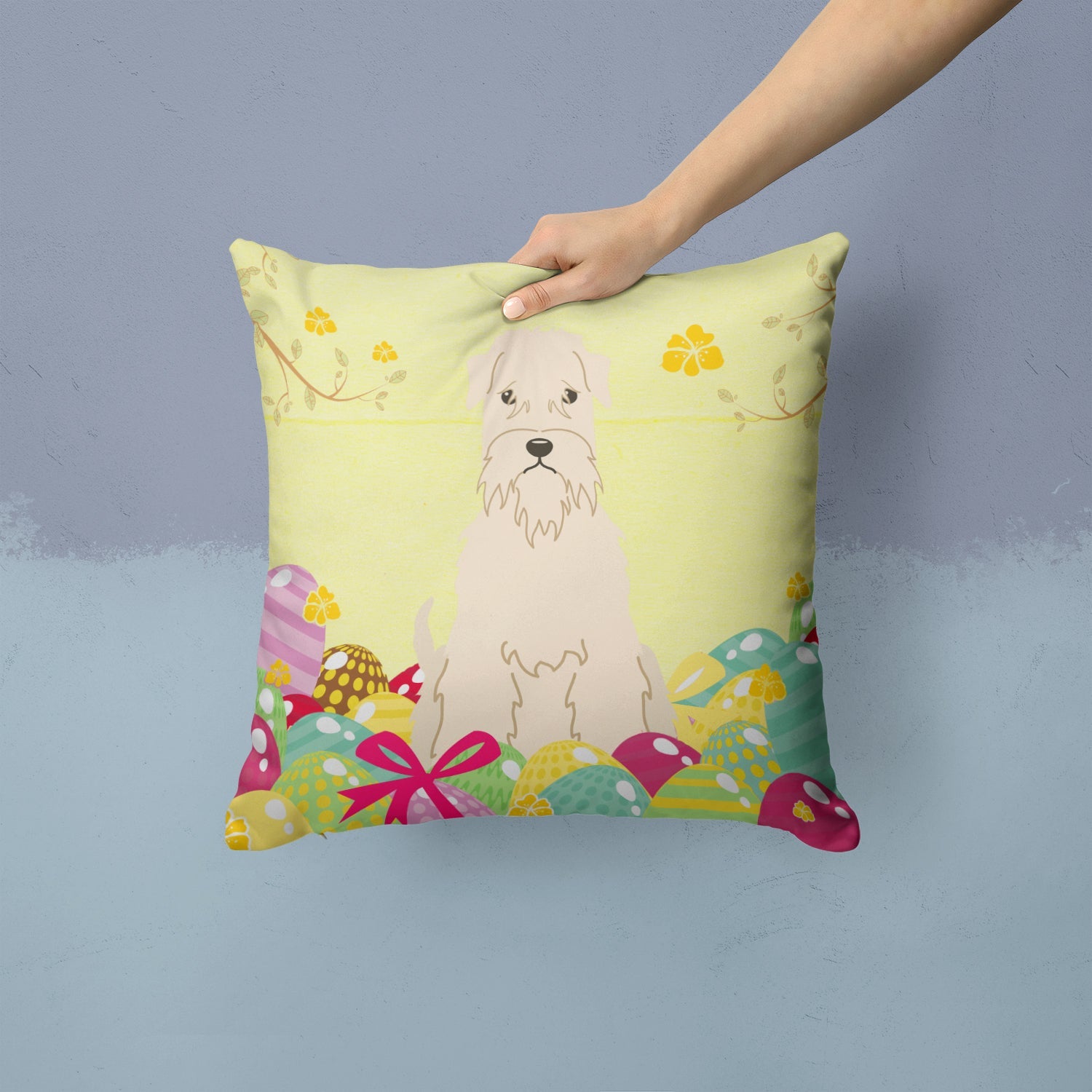 Easter Eggs Soft Coated Wheaten Terrier Decorative Throw Pillow 14x14 Indoor Outdoor Accent Cushion, Fabric Cover with Insert for Sofa, Bed, Porch & Living Room