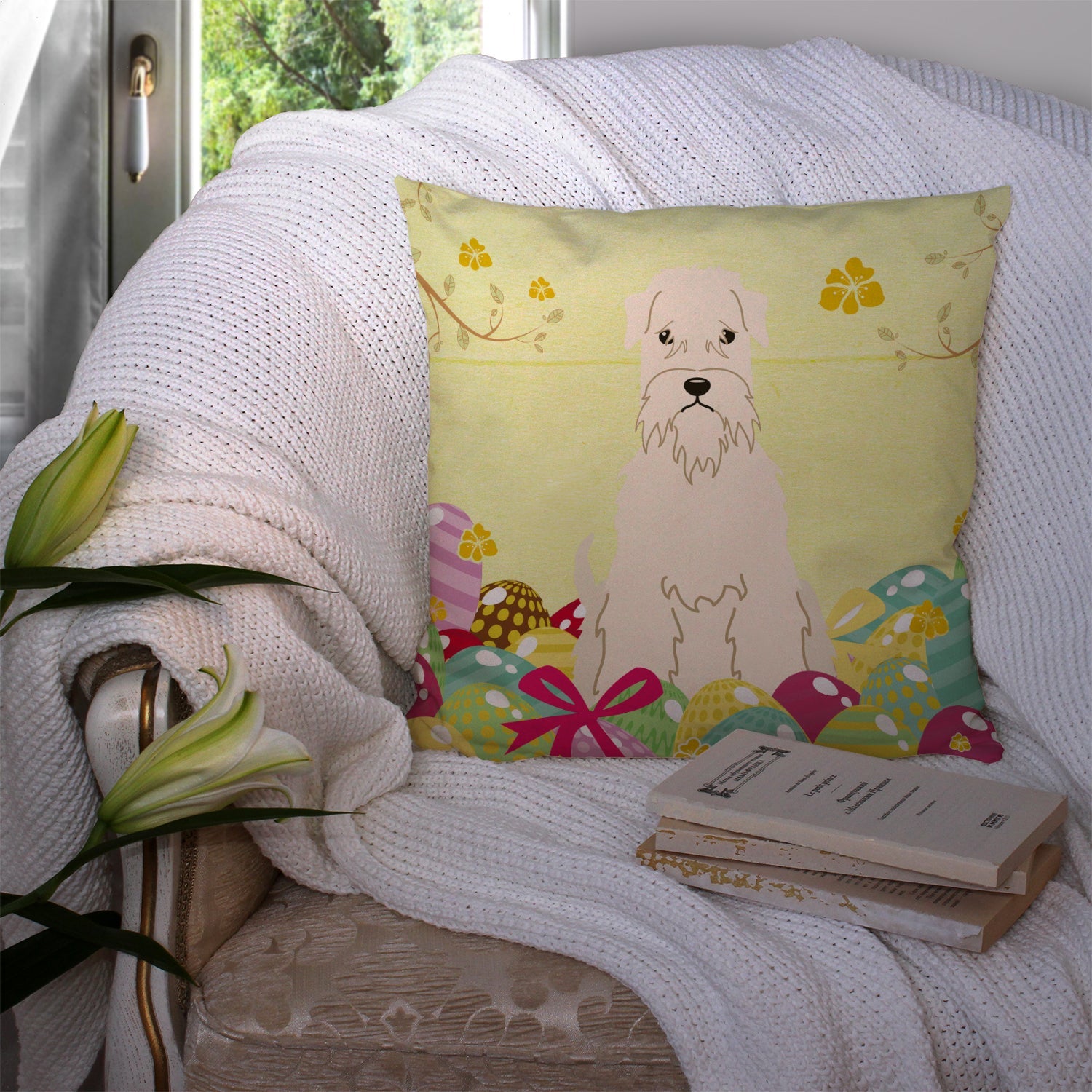 Easter Eggs Soft Coated Wheaten Terrier Decorative Throw Pillow 14x14 Indoor Outdoor Accent Cushion, Fabric Cover with Insert for Sofa, Bed, Porch & Living Room