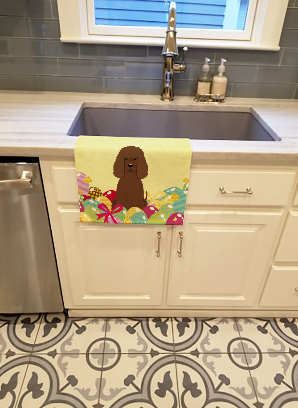 Easter Eggs Irish Water Spaniel Kitchen Towel Velour Plush Front and Cotton Loop Back Machine Washable