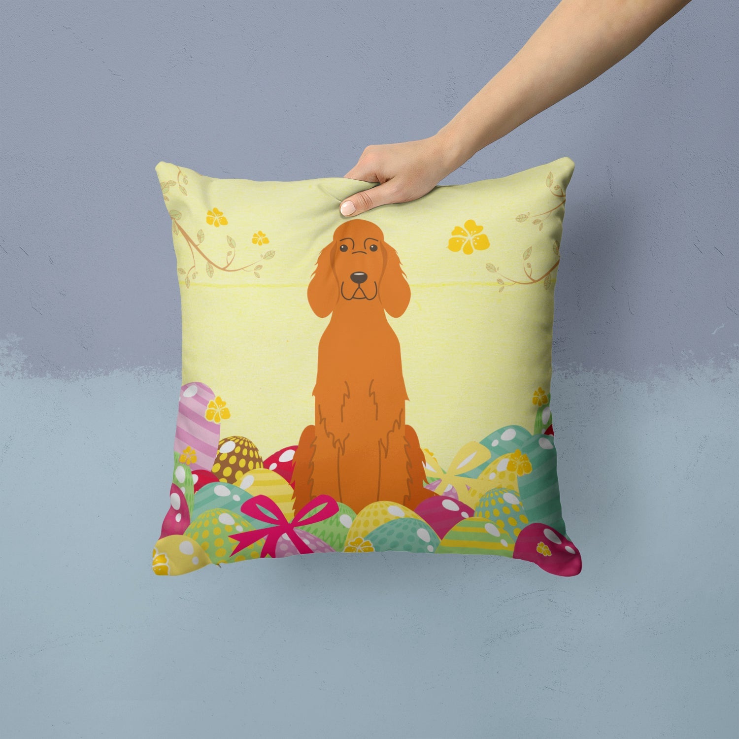 Easter Eggs Irish Setter Decorative Throw Pillow 14x14 Indoor Outdoor Accent Cushion, Fabric Cover with Insert for Sofa, Bed, Porch & Living Room