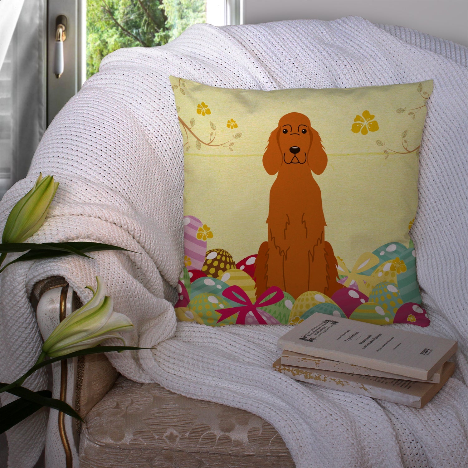 Easter Eggs Irish Setter Decorative Throw Pillow 14x14 Indoor Outdoor Accent Cushion, Fabric Cover with Insert for Sofa, Bed, Porch & Living Room