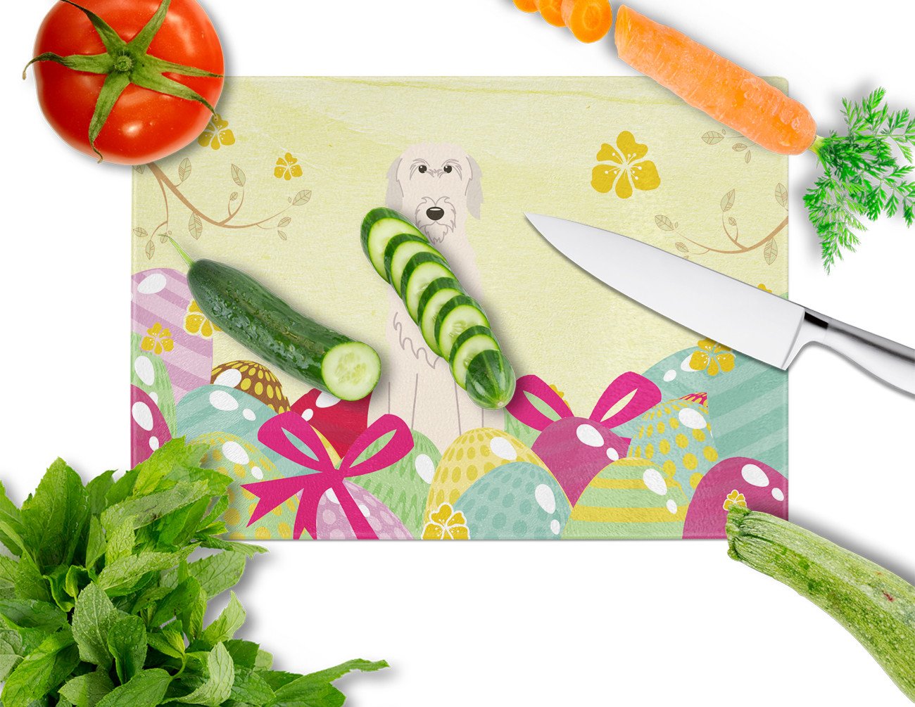 Easter Eggs Irish Wolfhound Cutting Board Tempered Glass Kitchen Cutting Surface, Heat Resistant Chopping, Non-Slip Feet, Food Prep & Serving